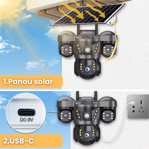 Camera video tripla cu cartela SIM 4G EvoHome®, Panou solar, acumulatori 8000 mAh, 6MP, PTZ, Rotire 350 grade, Senzor miscare PIR, Detectia umana, Comunicare bidirectionala, Alarma, Aplicatie compatib [3]