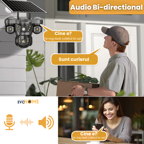 Camera video tripla cu cartela SIM 4G EvoHome®, Panou solar, acumulatori 8000 mAh, 6MP, PTZ, Rotire 350 grade, Senzor miscare PIR, Detectia umana, Comunicare bidirectionala, Alarma, Aplicatie compatib [4]
