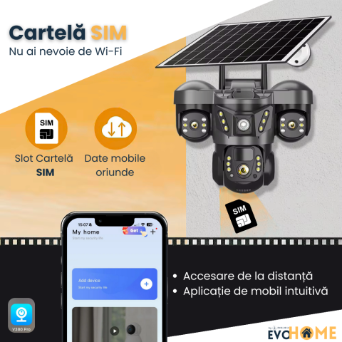 Camera video tripla cu cartela SIM 4G EvoHome®, Panou solar, acumulatori 8000 mAh, 6MP, PTZ, Rotire 350 grade, Senzor miscare PIR, Detectia umana, Comunicare bidirectionala, Alarma, Aplicatie compatib [9]