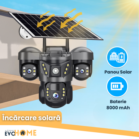Camera video tripla cu cartela SIM 4G EvoHome®, Panou solar, acumulatori 8000 mAh, 6MP, PTZ, Rotire 350 grade, Senzor miscare PIR, Detectia umana, Comunicare bidirectionala, Alarma, Aplicatie compatib [2]