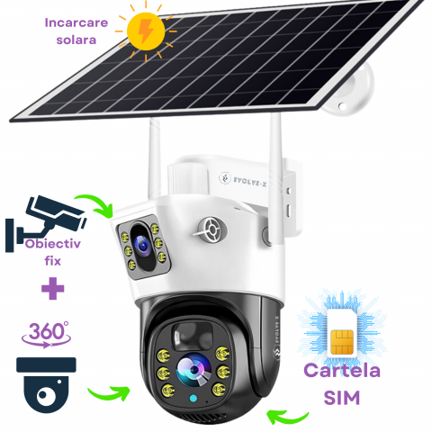 Camere video cu SIM - Camera video dubla cu cartela SIM 4G Evolve-x®, Panou solar, acumulatori, 4MP, PTZ, Rotire 350 grade, Senzor miscare PIR, Detectia umana, Comunicare bidirectionala, Alarma, Aplicatie compatibila iOS s