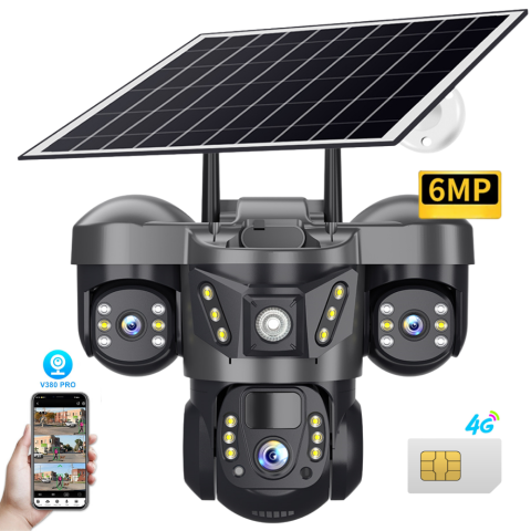 Camere video cu SIM - Camera video tripla cu cartela SIM 4G EvoHome®, Panou solar, acumulatori 8000 mAh, 6MP, PTZ, Rotire 350 grade, Senzor miscare PIR, Detectia umana, Comunicare bidirectionala, Alarma, Aplicatie compatib
