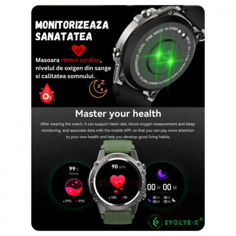 Ceas smartwatch barbati Evolve-x® EvoFitt Sport, ecran IPS 1.45 inch HD, Apeluri bluetooth HD, Notificari, Carcasa din aliaj zinc, Masurare activitate fitness, ritm cardiac, tensiune, oxigen, calorii [7]