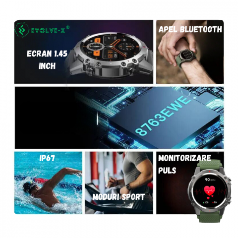 Ceas smartwatch barbati Evolve-x® EvoFitt Sport, ecran IPS 1.45 inch HD, Apeluri bluetooth HD, Notificari, Carcasa din aliaj zinc, Masurare activitate fitness, ritm cardiac, tensiune, oxigen, calorii [4]