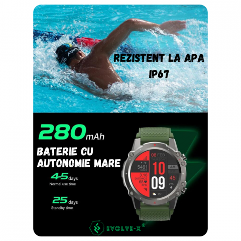 Ceas smartwatch barbati Evolve-x® EvoFitt Sport, ecran IPS 1.45 inch HD, Apeluri bluetooth HD, Notificari, Carcasa din aliaj zinc, Masurare activitate fitness, ritm cardiac, tensiune, oxigen, calorii [9]