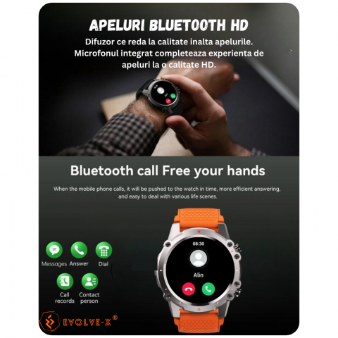 Ceas smartwatch barbati Evolve-x® EvoFitt Sport, ecran IPS 1.45 inch HD, Apeluri bluetooth HD, Notificari, Carcasa din aliaj zinc, Masurare ritm cardiac, tensiune, oxigen, calorii si somn, iOS si Andr [7]