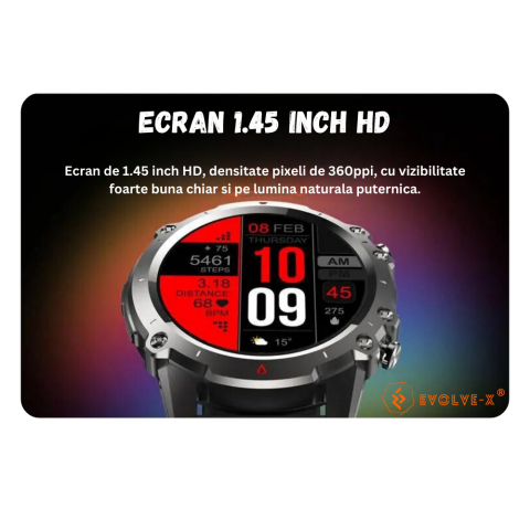 Ceas smartwatch barbati Evolve-x® EvoFitt Sport, ecran IPS 1.45 inch HD, Apeluri bluetooth HD, Notificari, Carcasa din aliaj zinc, Masurare ritm cardiac, tensiune, oxigen, calorii si somn, iOS si Andr [5]