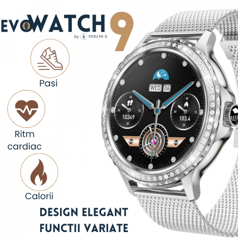 Ceas smartwatch dama Evolve-x® EvoWatch 9 cu Apeluri si mesaje bluetooth, Monitorizare sanatate si Asistent vocal, 2 bratari incluse [4]