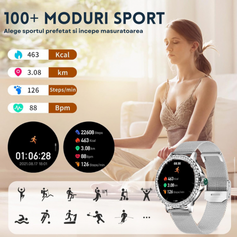 RESIGILAT: Ceas smartwatch dama Evolve-x® EvoWatch 9 cu Apeluri si mesaje bluetooth, Monitorizare sanatate si Asistent vocal, 2 bratari incluse [13]