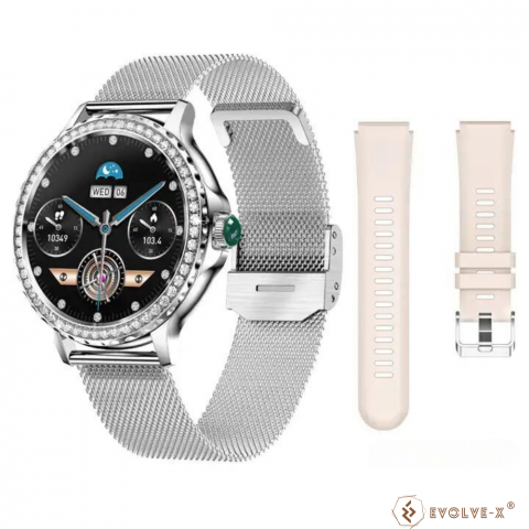 Ceas smartwatch dama Evolve-x® EvoWatch 9 cu Apeluri si mesaje bluetooth, Monitorizare sanatate si Asistent vocal, 2 bratari incluse [2]