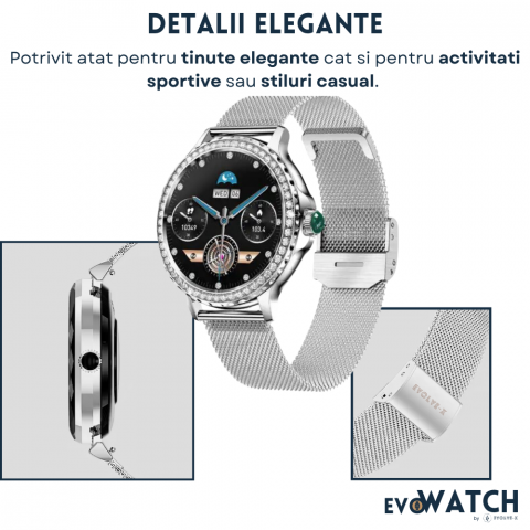 RESIGILAT: Ceas smartwatch dama Evolve-x® EvoWatch 9 cu Apeluri si mesaje bluetooth, Monitorizare sanatate si Asistent vocal, 2 bratari incluse [8]