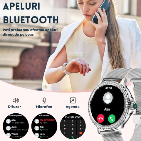 RESIGILAT: Ceas smartwatch dama Evolve-x® EvoWatch 9 cu Apeluri si mesaje bluetooth, Monitorizare sanatate si Asistent vocal, 2 bratari incluse [9]