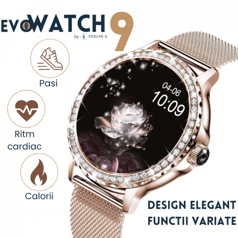 Ceas smartwatch dama Evolve-x® EvoWatch 9 cu Apeluri si mesaje bluetooth, Monitorizare sanatate si Asistent vocal, 2 bratari incluse [2]