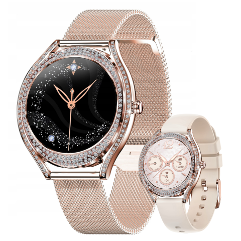 Smartwatch dama - Ceas smartwatch dama Evolve-x® EvoFitt Slim, Apeluri si mesaje bluetooth, Functii fitness, monitorizare Ritm cardiac, Somn, Nivel oxigen si Calorii, Asistent vocal, IP67, compatibil iOS si Android, Br