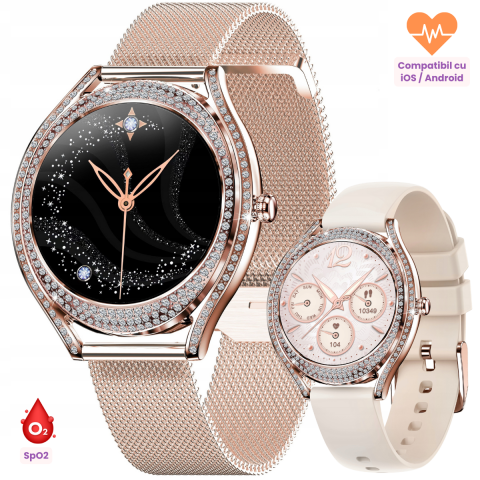 Ceas smartwatch dama Evolve-x® EvoFitt Slim, Apeluri si mesaje bluetooth, Functii fitness, monitorizare Ritm cardiac, Somn, Nivel oxigen si Calorii, Asistent vocal, IP67, compatibil iOS si Android, Br [1]