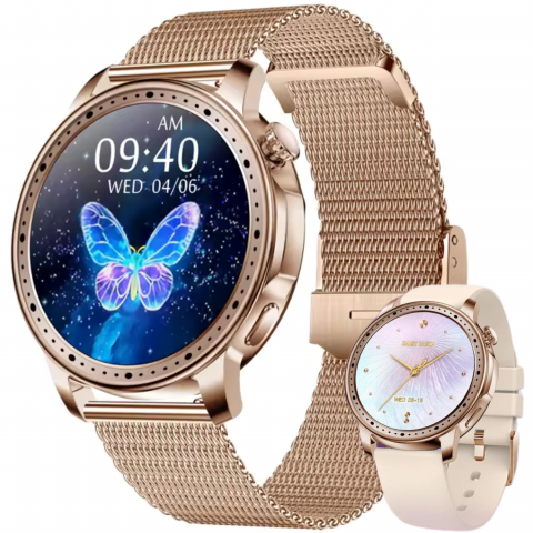 Smartwatch dama - Ceas smartwatch dama Evolve-x® EvoWatch 5, Apeluri si notificari bluetooth, Monitorizare sanatate si Fitness, Auriu