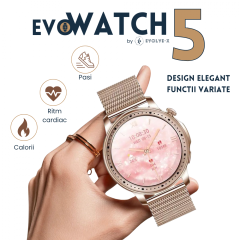 Ceas smartwatch dama Evolve-x® EvoWatch 5, Apeluri si notificari bluetooth, Monitorizare sanatate si Fitness, Auriu [5]