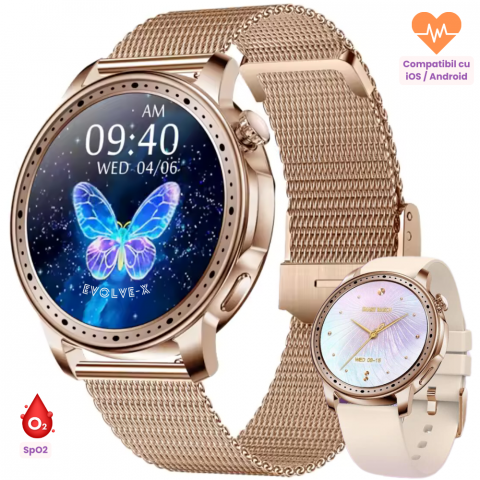 Ceas smartwatch dama Evolve-x® EvoWatch 5, Apeluri si notificari bluetooth, Monitorizare sanatate si Fitness, Auriu [1]