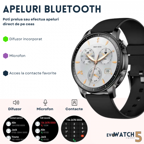 Ceas smartwatch dama Evolve-x® EvoWatch 5, Apeluri si notificari bluetooth, Monitorizare sanatate si Fitness, Negru [5]