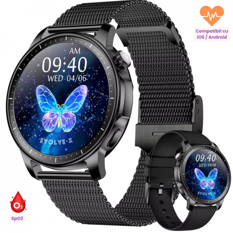 Ceas smartwatch dama Evolve-x® EvoWatch 5, Apeluri si notificari bluetooth, Monitorizare sanatate si Fitness, Negru [1]