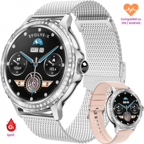 Ceas smartwatch dama Evolve-x® EvoWatch 9 cu Apeluri si mesaje bluetooth, Monitorizare sanatate si Asistent vocal, 2 bratari incluse [1]