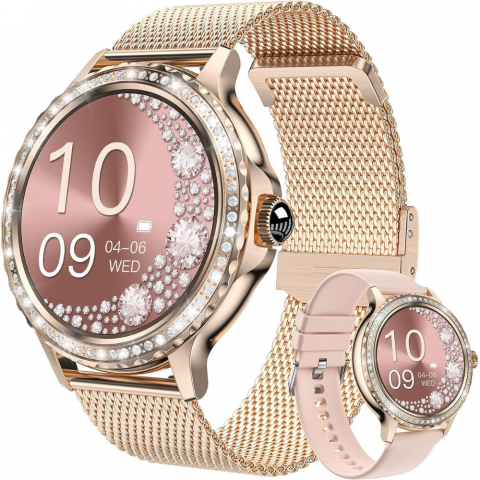 Ceas smartwatch dama Evolve-x® EvoWatch 9 cu Apeluri si mesaje bluetooth, Monitorizare sanatate si Asistent vocal, 2 bratari incluse [0]