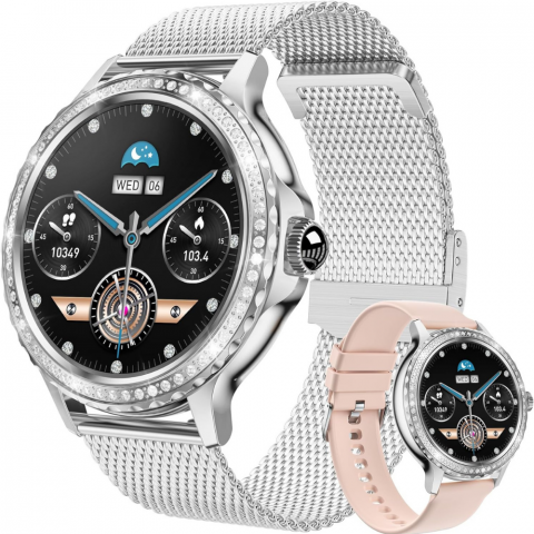 Smartwatch dama - Ceas smartwatch dama Evolve-x® EvoWatch 9 cu Apeluri si mesaje bluetooth, Monitorizare sanatate si Asistent vocal, 2 bratari incluse