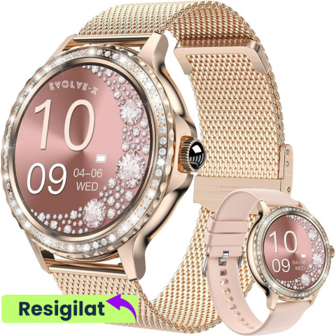 RESIGILATE - RESIGILAT: Ceas smartwatch dama Evolve-x® EvoWatch 9 cu Apeluri si mesaje bluetooth, Monitorizare sanatate si Asistent vocal, 2 bratari incluse