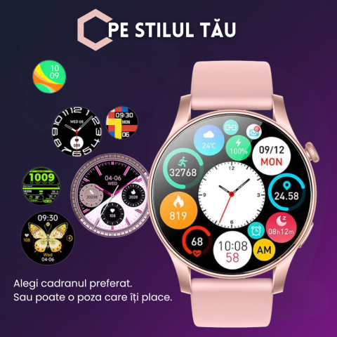 Ceas smartwatch dama Evolve-x® EvoWatch NOVA, Apeluri bluetooth, Microfon, Monitorizare Sanatate, Notificari, Asistent vocal, Ecran AMOLED 1.43 inch HD, compatibil iOS si Android, doua bratari [9]