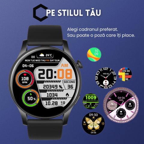 Ceas smartwatch dama Evolve-x® EvoWatch NOVA, Apeluri bluetooth, Microfon, Monitorizare Sanatate, Notificari, Asistent vocal, Ecran AMOLED 1.43 inch HD, compatibil iOS si Android, doua bratari [10]