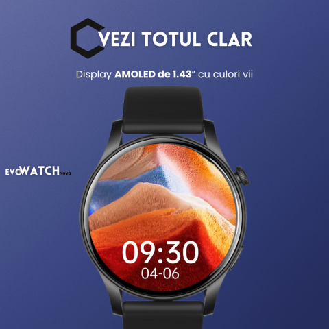 Ceas smartwatch dama Evolve-x® EvoWatch NOVA, Apeluri bluetooth, Microfon, Monitorizare Sanatate, Notificari, Asistent vocal, Ecran AMOLED 1.43 inch HD, compatibil iOS si Android, doua bratari [6]