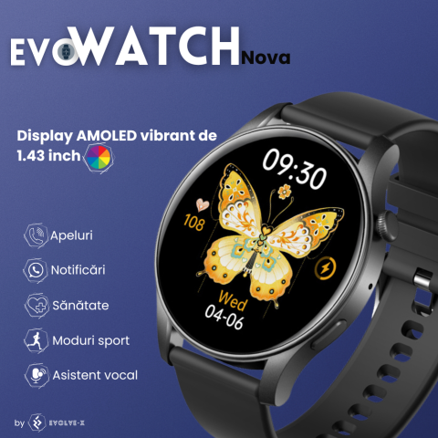 Ceas smartwatch dama Evolve-x® EvoWatch NOVA, Apeluri bluetooth, Microfon, Monitorizare Sanatate, Notificari, Asistent vocal, Ecran AMOLED 1.43 inch HD, compatibil iOS si Android, doua bratari [5]