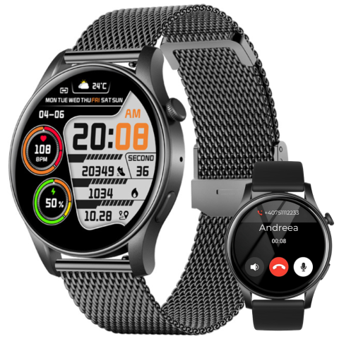 Smartwatch dama - Ceas smartwatch dama Evolve-x® EvoWatch NOVA, Apeluri bluetooth, Microfon, Monitorizare Sanatate, Notificari, Asistent vocal, Ecran AMOLED 1.43 inch HD, compatibil iOS si Android, doua bratari