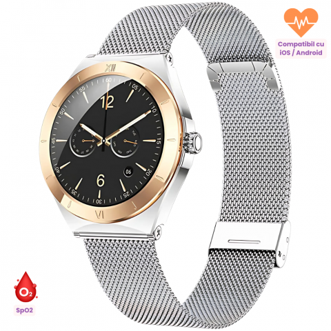 Smartwatch dama - Ceas smartwatch dama Evolve-x® EvoWatch2, cu Apeluri si mesaje bluetooth, Monitorizare sanatate si moduri sport, argintiu