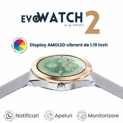 Ceas smartwatch dama Evolve-x® EvoWatch2, cu Apeluri si mesaje bluetooth, Monitorizare sanatate si moduri sport, argintiu [2]