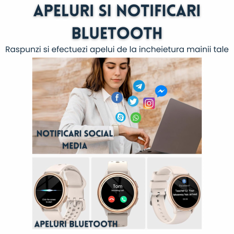Ceas smartwatch dama Evolve-x® EvoWatch3, Apeluri si Notificari bluetooth, Monitorizare sanatate si Functii fitness [5]