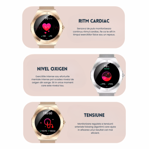 Ceas smartwatch dama Evolve-x® EvoWatch2, cu Apeluri si mesaje bluetooth, Monitorizare sanatate si moduri sport [7]