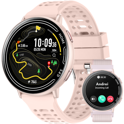 Smartwatch dama - Ceas smartwatch dama, fitness, sport, meniu in limba romana, functie apel Bluetooth, notificari, ecran 1.39", monitorizare puls, tensiune, oxigen si somn, 2 bratari incluse, compatibil iOS si Android