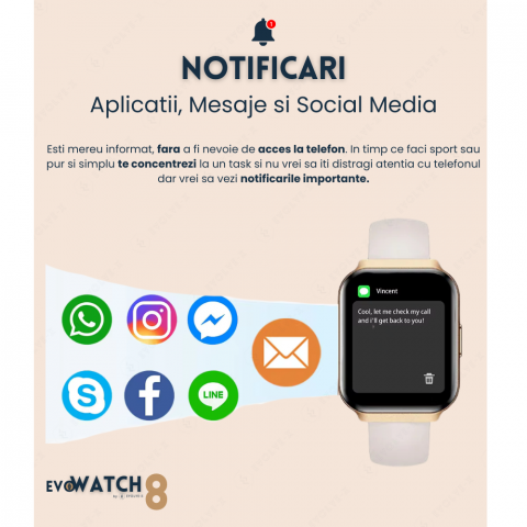 Ceas smartwatch dama Evolve-x® EvoWatch 8 auriu, Monitorizare sanatate, Apeluri si notificari Bluetooth, Functii fitness, auriu [10]