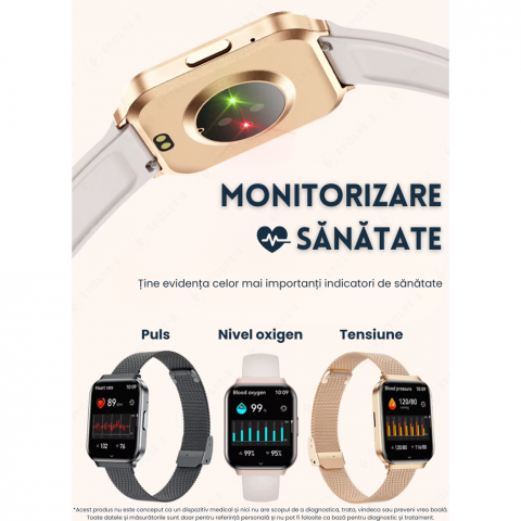 Ceas smartwatch dama Evolve-x® EvoWatch 8 auriu, Monitorizare sanatate, Apeluri si notificari Bluetooth, Functii fitness, auriu [11]