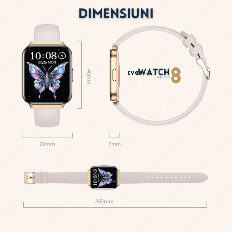 Ceas smartwatch dama Evolve-x® EvoWatch 8 auriu, Monitorizare sanatate, Apeluri si notificari Bluetooth, Functii fitness, auriu [18]