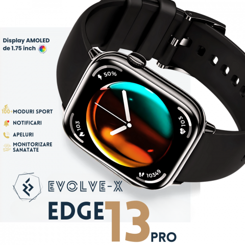 Ceas Smartwatch Evolve-x® Edge 13 Pro, Functii fitness, Display AMOLED 1.75 inch, Monitorizare Puls si Tensiune Arteriala, Oximetru SpO2, Notificari Apeluri/Social Media, Apeluri si mesaje bluetooth, [5]