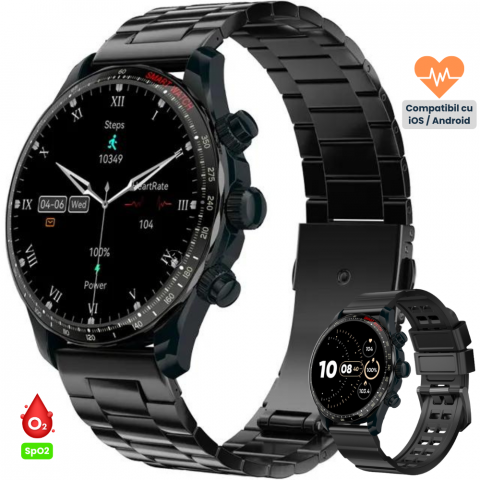 Ceas smartwatch Evolve-x® EvoFitt KM68, ecran AMOLED, Apeluri si mesaje bluetooth, Functii monitorizare Ritm cardiac, Somn, Nivel oxigen, Tensiune si Calorii, Asistent vocal, IP68, compatibil iOS si A [1]