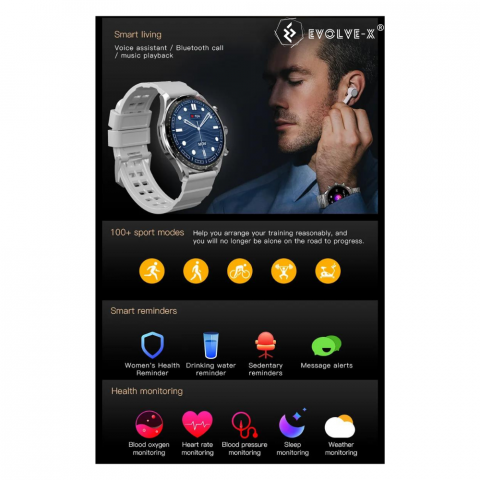 Ceas smartwatch Evolve-x® EvoFitt 68, ecran AMOLED, Apeluri si mesaje bluetooth, Functii monitorizare Ritm cardiac, Somn, Nivel oxigen, Tensiune si Calorii, Asistent vocal, IP68 [5]