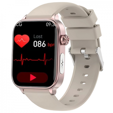 Smartwatch dama - Ceas smartwatch Evolve-x® EvoPulse PRO, EKG, Apeluri si mesaje bluetooth, Monitorizare Sanatate, rose gold, curea crem