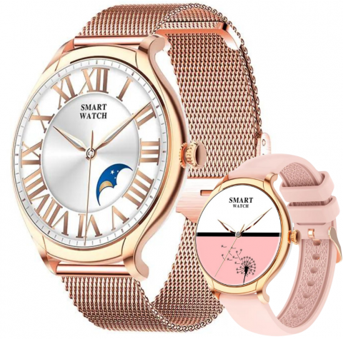 Smartwatch dama - Ceas Smartwatch EvoWatch2 Slim, Functii fitness, Monitorizare Ritm Cardiac, Oximetru SpO2, Calorii, Notificari, Apeluri, 2 bratari incluse