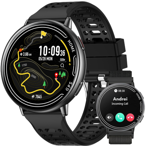 Smartwatch dama - Ceas smartwatch, unisex, fitness, sport, meniu in limba romana, functie apel Bluetooth, notificari, ecran 1.39", monitorizare puls, tensiune, oxigen si somn, 2 bratari incluse, compatibil iOS si Andro