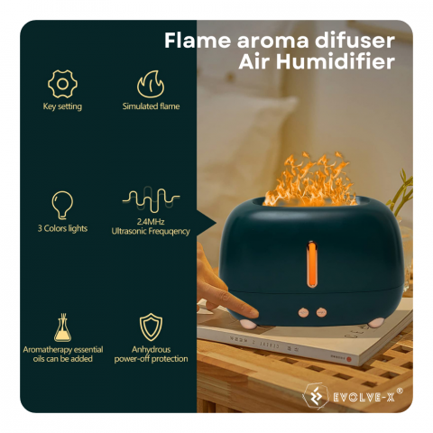 Difuzor de aromaterapie si umidificator Evolve-x® Flame 3D, cu ultrasunete si lumina ambientala LED cu efect de flacara, pentru casa si birou, Negru [1]