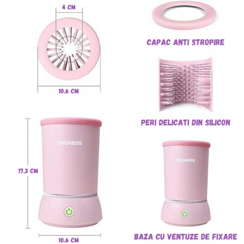 Dispozitiv pentru curatare labute animale automat, cu acumulator, peri din silicon soft, capac anti stropire, baza cu ventuze de fixare, incarcare USB, pentru animale de talie mica pana la medie, roz [4]