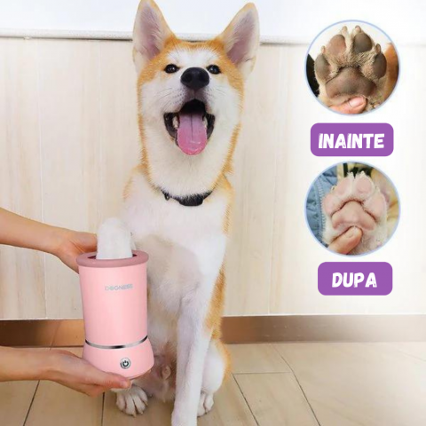 Dispozitiv pentru curatare labute animale automat, cu acumulator, peri din silicon soft, capac anti stropire, baza cu ventuze de fixare, incarcare USB, pentru animale de talie mica pana la medie, roz [8]